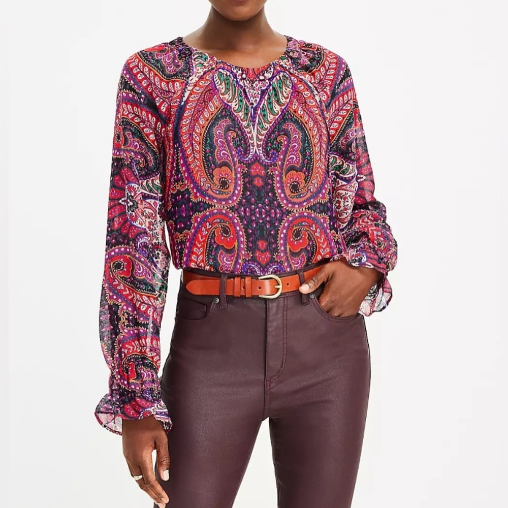 NWT Loft, Paisley Stripe Smocked Cuff Blouse (M)